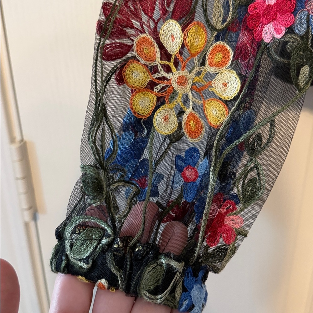 Boho Sheer Mesh Floral Embroidered Button Down Up Shirt Top Blouse Black US 4 - Picture 4 of 13